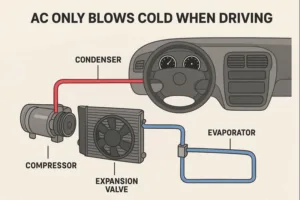 ac only blows cold when driving